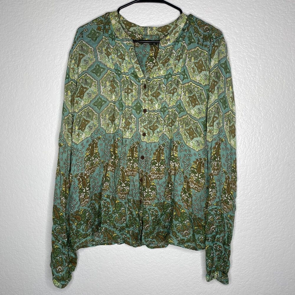 Prana womens long sleeve button up rayon boho green lagenlook lightweight XL